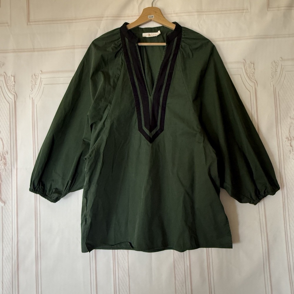 Tory Burch V Neck Puff Sleeve Tunic Banyan Green Size M
